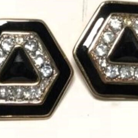 VINTAGE SWAROVSKI S.A.L Signed GOLD BLACK ENAMEL CRYSTALS CLIP ON EARRINGS - Picture 1 of 4